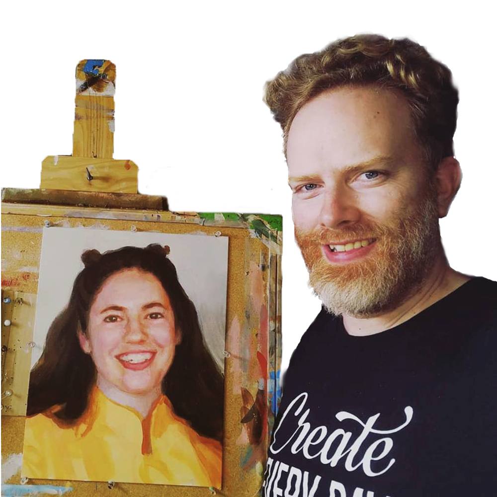 Acrylic portrait artist paints skin tones portrait for class